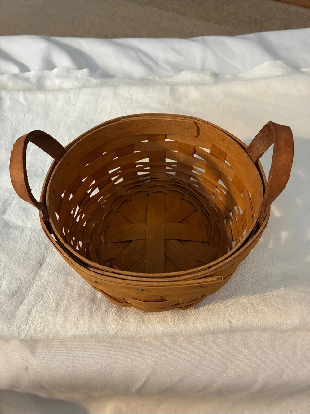 Longaberger Brown Woven Basket Leather Handles About 7x4 Made WELL In Ohio